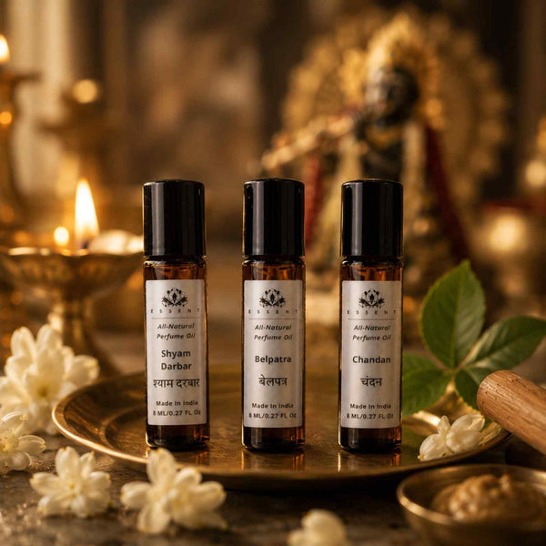 Essent Shyam Darbar, Belpatra & Chandan Attar Pack of 3 8 ml roll-on attar bottle — woody