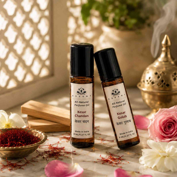 Essent Kesar Chandan & Kesar Gulab 8 ml roll-on attar bottle — rose oriental