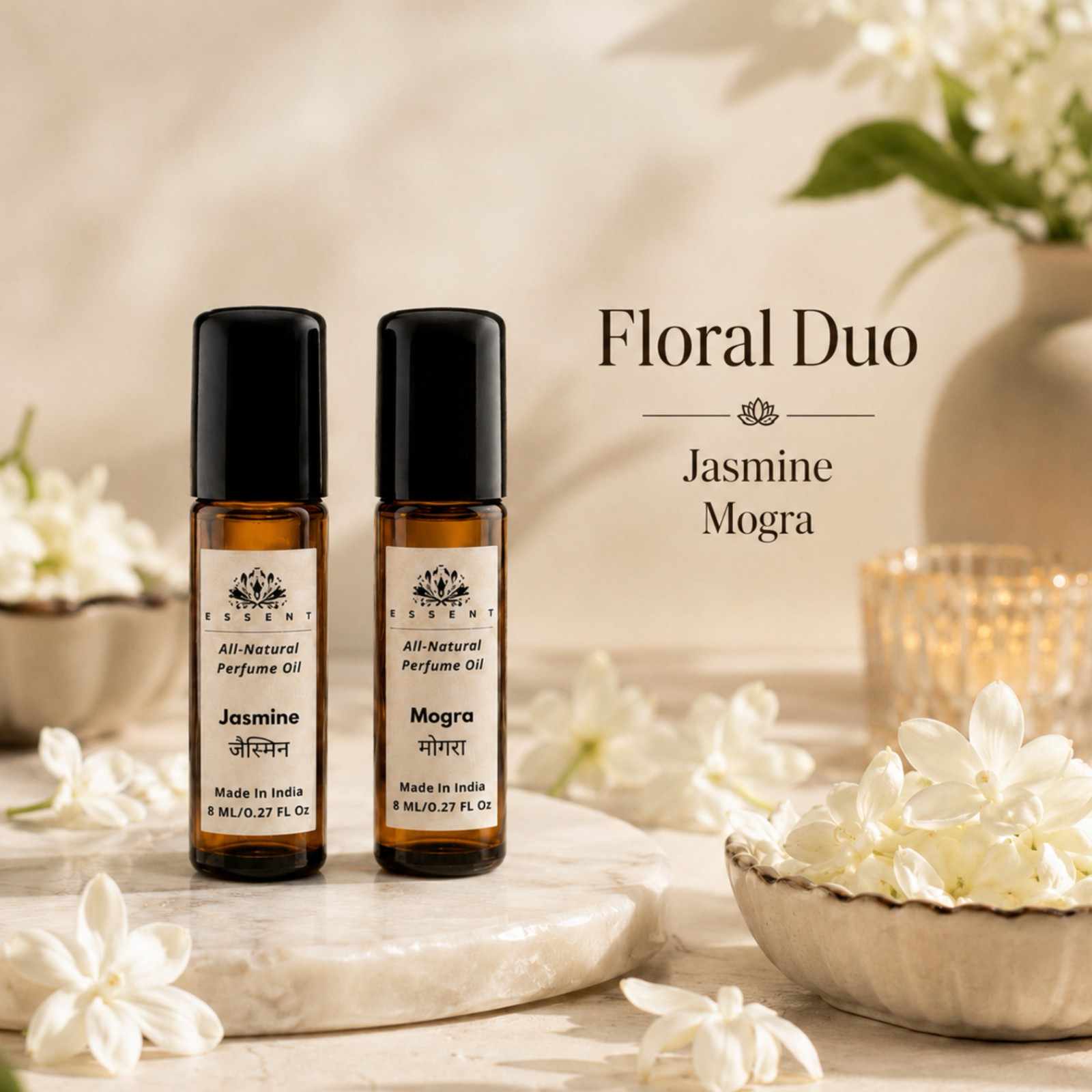 Essent Jasmine & Mogra Floral Roll On Attar 8ML | Pack of 2