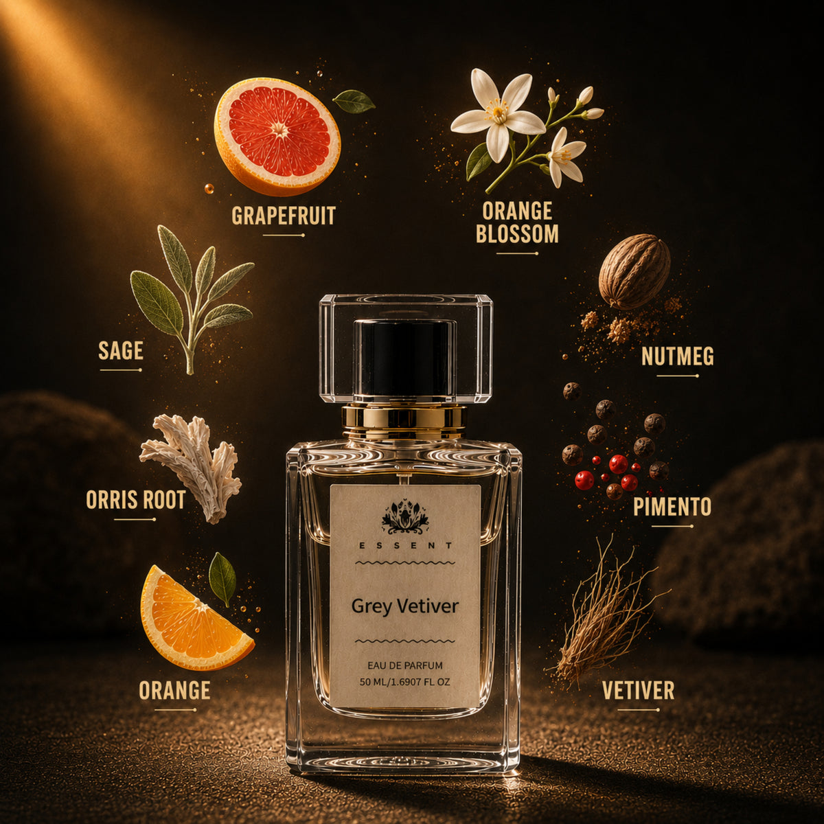 Essent Grey Vetiver 30 ml eau de parfum bottle — earthy green, view 3