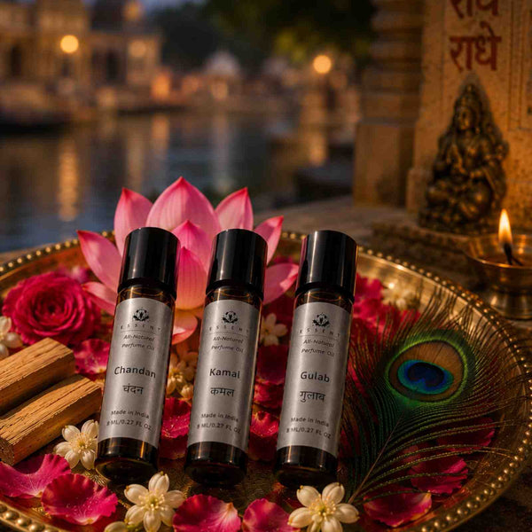 Essent Chandan, Kamal & Gulab 8 ml roll-on attar bottle — rose oriental
