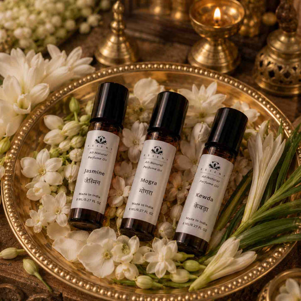 Essent Jasmine, Mogra & Kewda 8 ml roll-on attar bottle — white floral