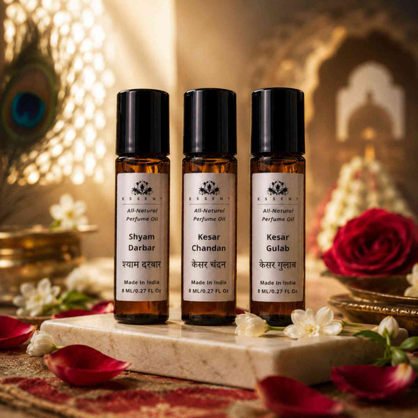 Essent Shyam Darbar, Kesar Chandan & Kesar Gulab Attar Pack of 3 8 ml roll-on attar bottle — rose oriental
