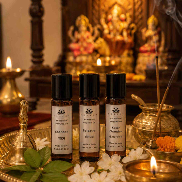 Essent Chandan, Belpatra & Kesar Chandan Attar Pack of 3 8 ml roll-on attar bottle — spicy oriental