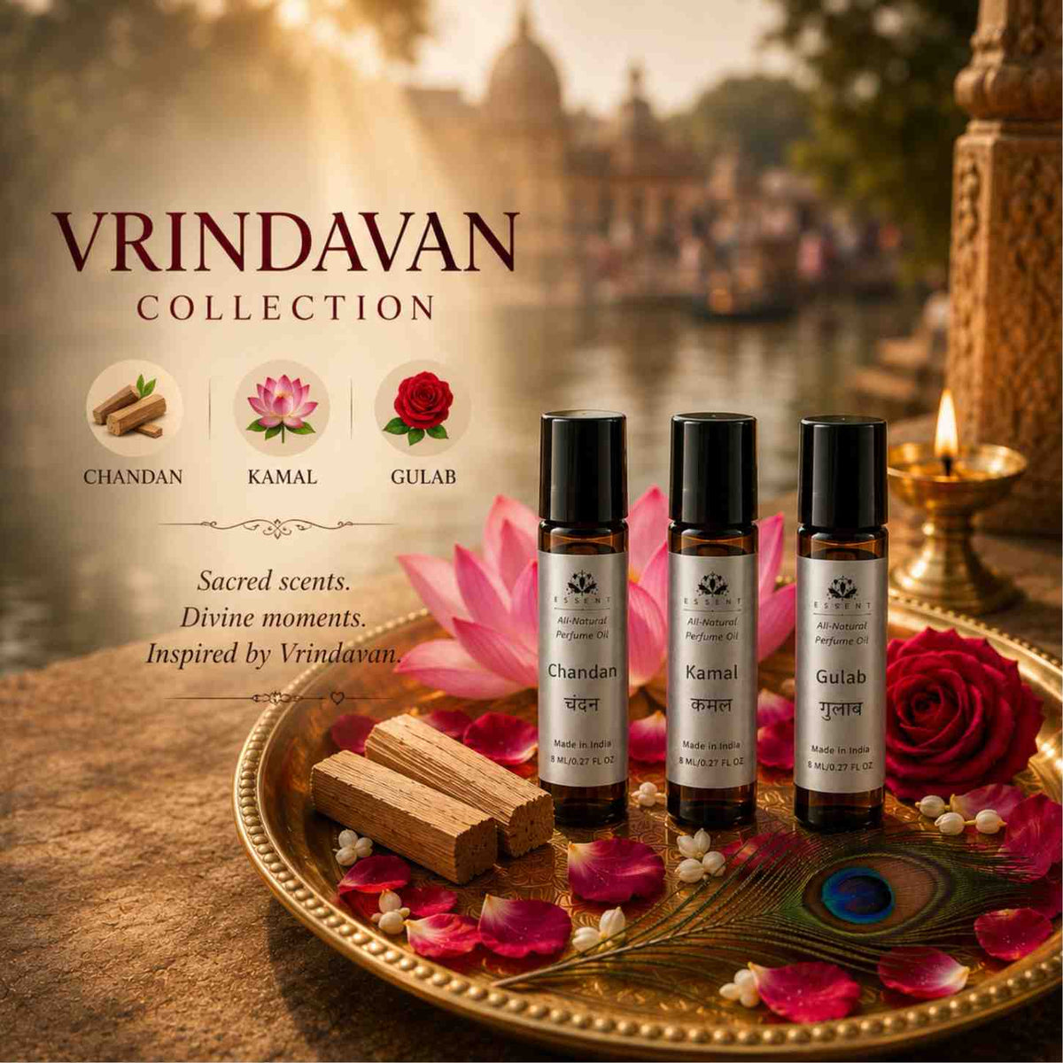 Essent Chandan, Kamal & Gulab 8 ml roll-on attar bottle — rose oriental, view 2