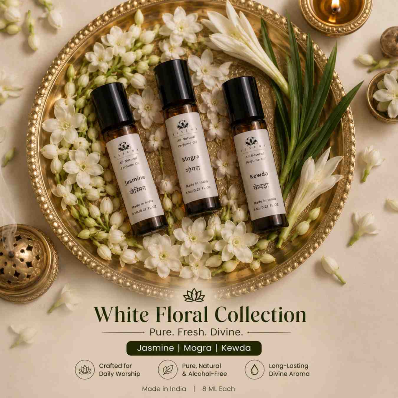 Essent Jasmine, Mogra & Kewda Roll On Attar 8ML | Pack of 3