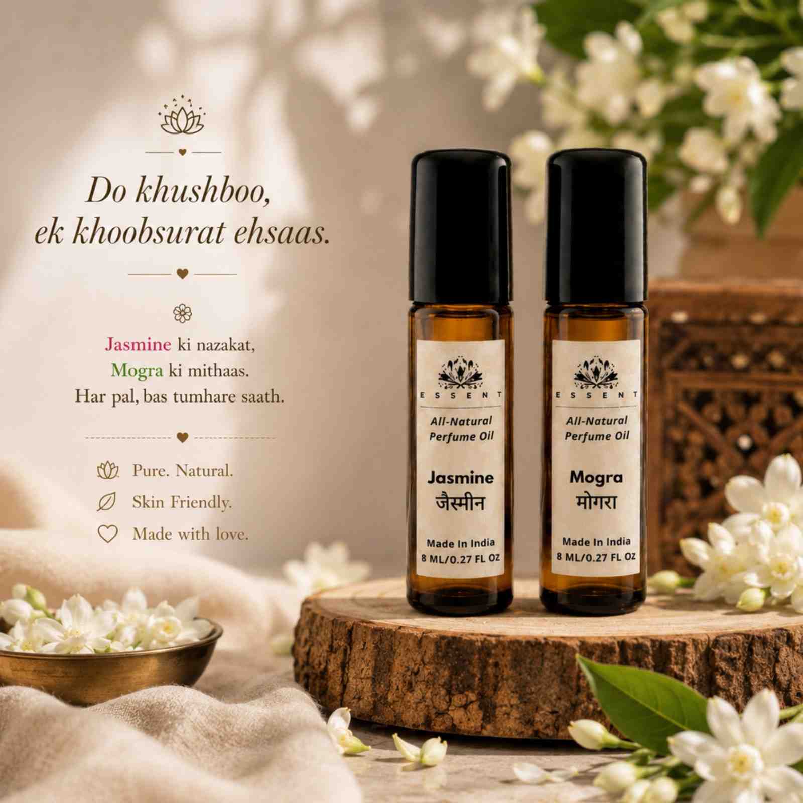 Essent Jasmine & Mogra Floral Roll On Attar 8ML | Pack of 2
