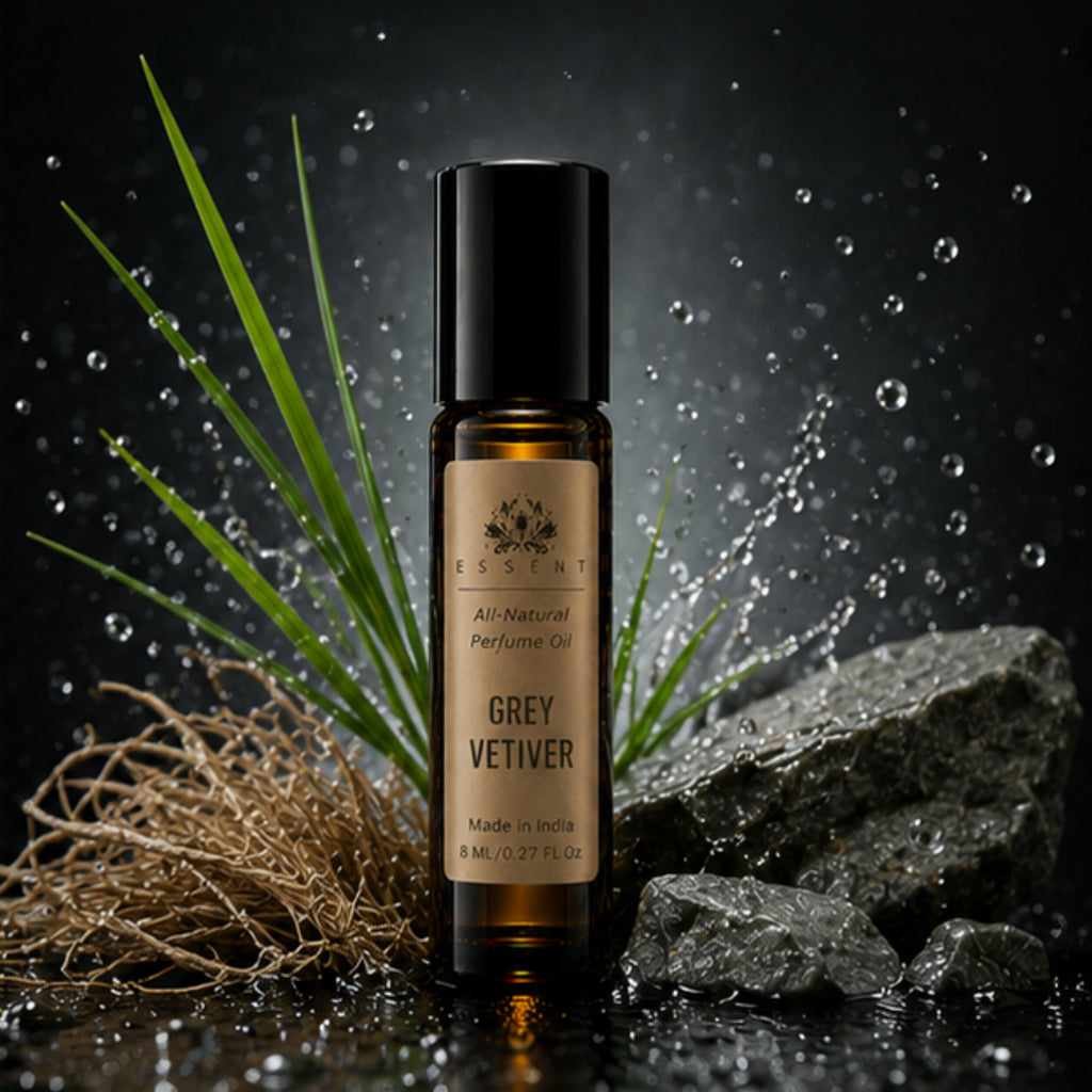 Essent Grey Vetiver Perfume Oil Roll-On Attar 8 ml | Fresh Woody Vetiver Unisex Fragrance