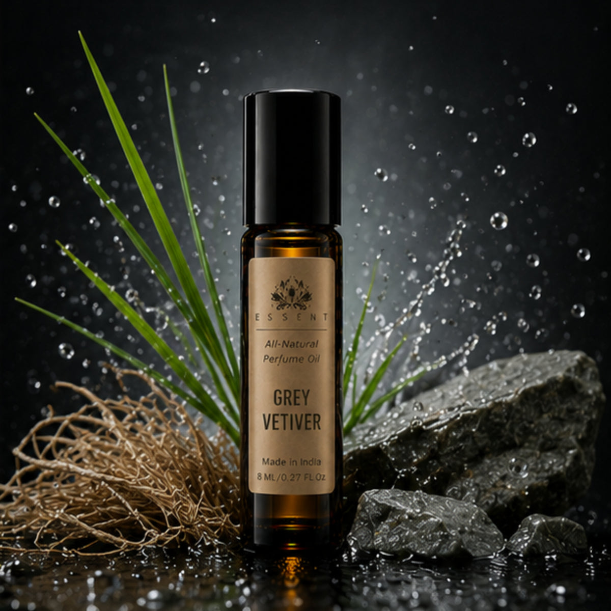 Essent Grey Vetiver 8 ml roll-on attar bottle — earthy green, view 3