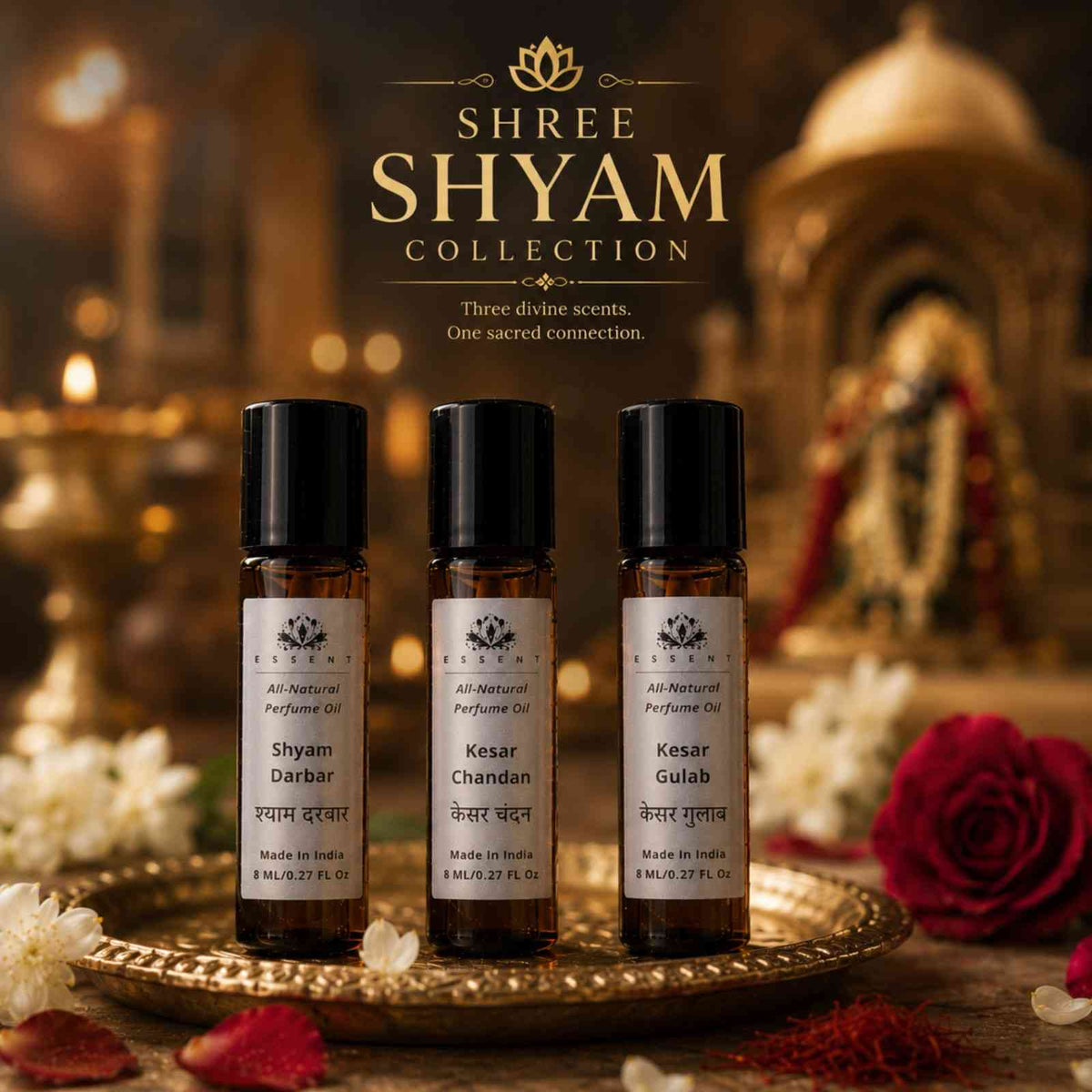 Essent Shyam Darbar, Kesar Chandan & Kesar Gulab Attar Pack of 3 8 ml roll-on attar bottle — rose oriental, view 2