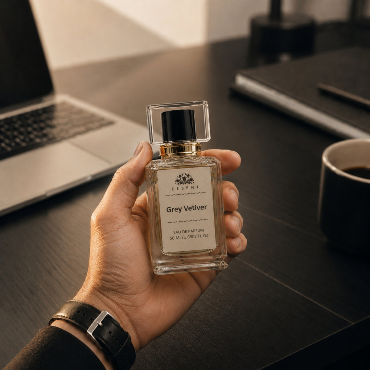 Essent Grey Vetiver 30 ml eau de parfum bottle — earthy green, view 2