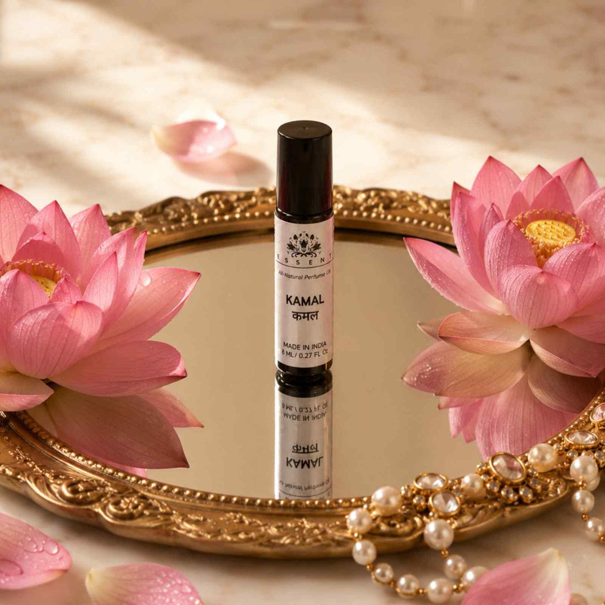 Essent Chandan, Kamal & Gulab 8 ml roll-on attar bottle — rose oriental, view 3