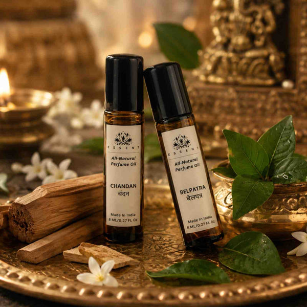 Essent Chandan & Belpatra 8 ml roll-on attar bottle — woody