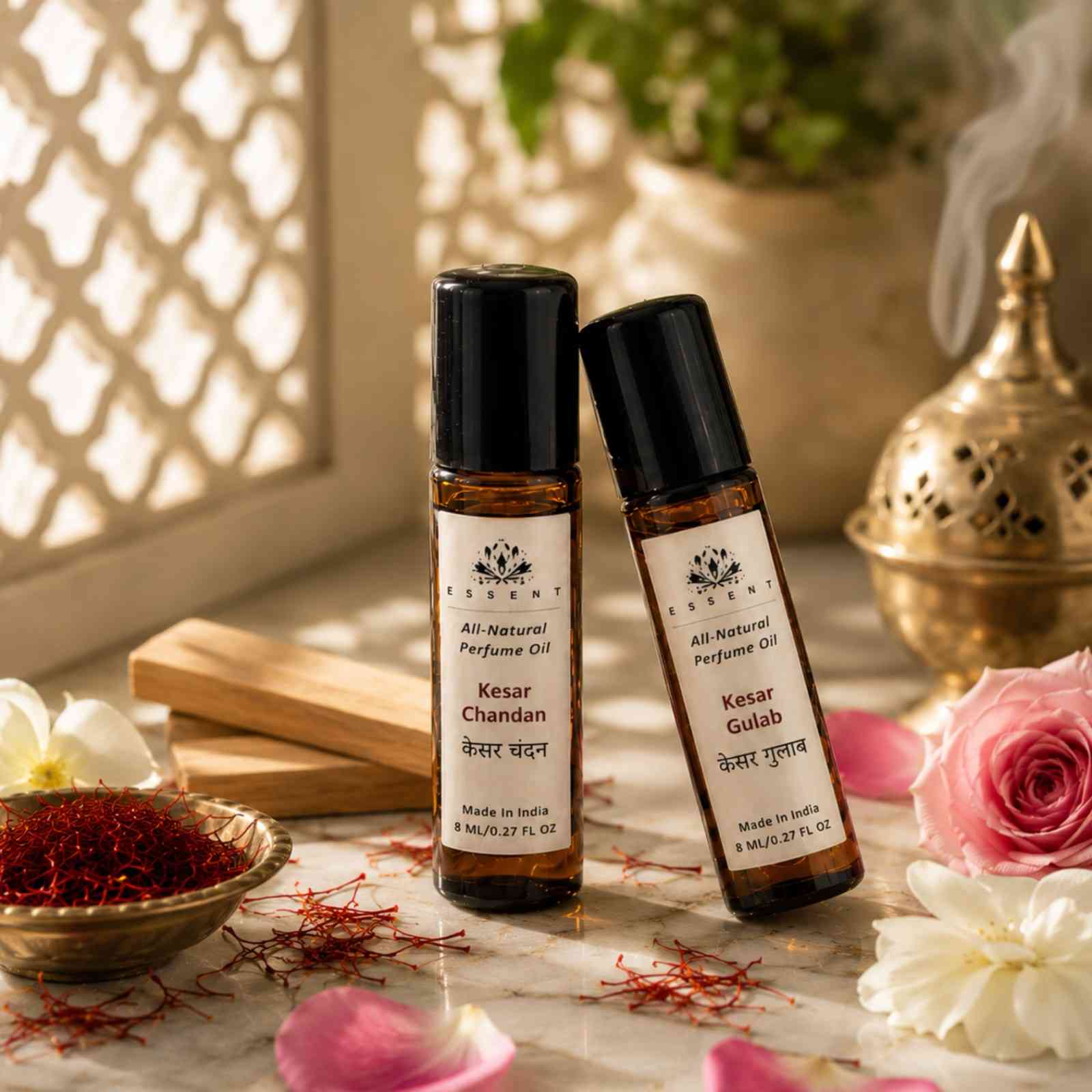 Essent Perfumes Kesar Chandan & Kesar Gulab Roll On Attar 8ML | Pack of 2