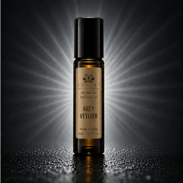 Essent Grey Vetiver 8 ml roll-on attar bottle — earthy green