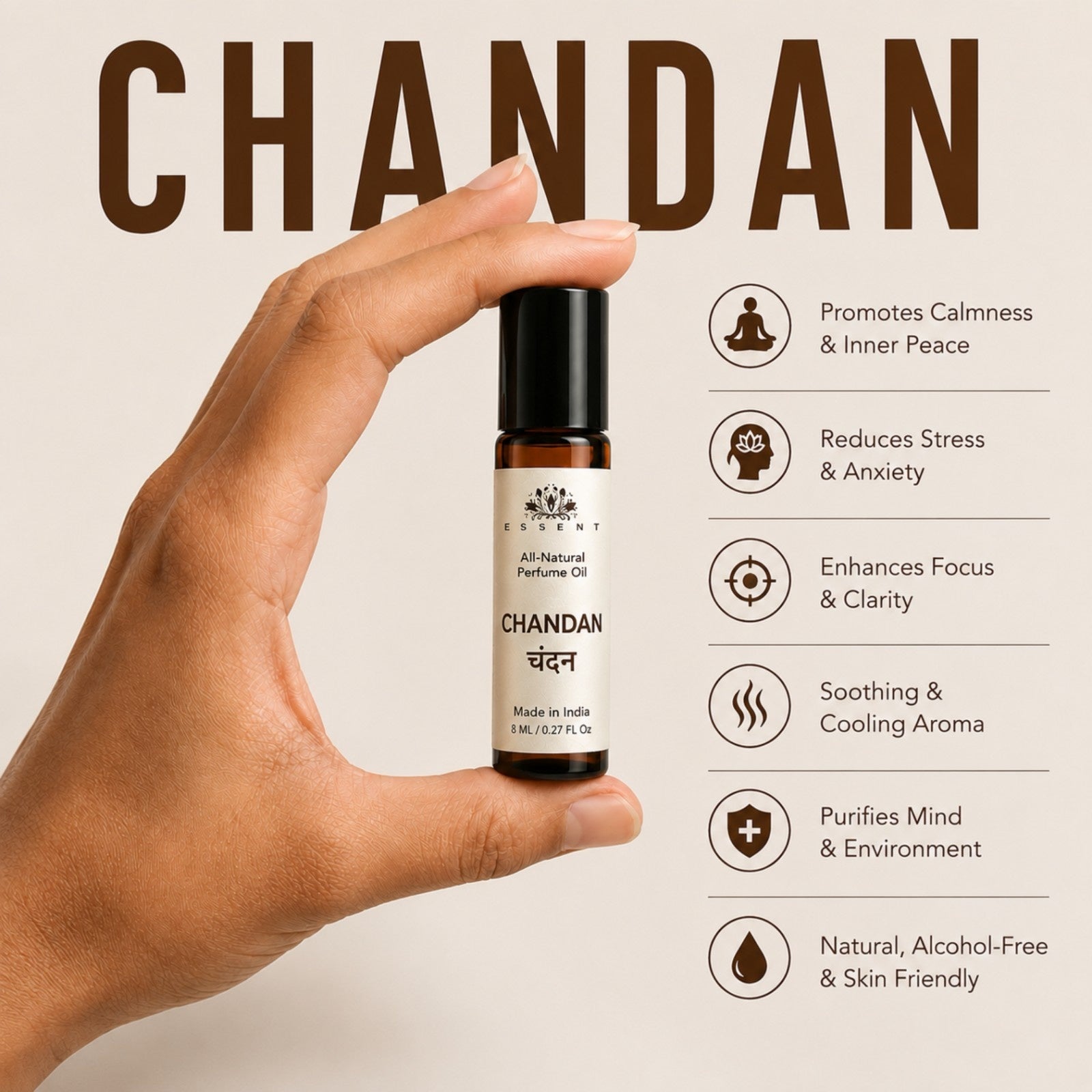 Essent Perfumes Chandan Attar 8ML | Sandalwood Itra for Pooja & Shiv Puja