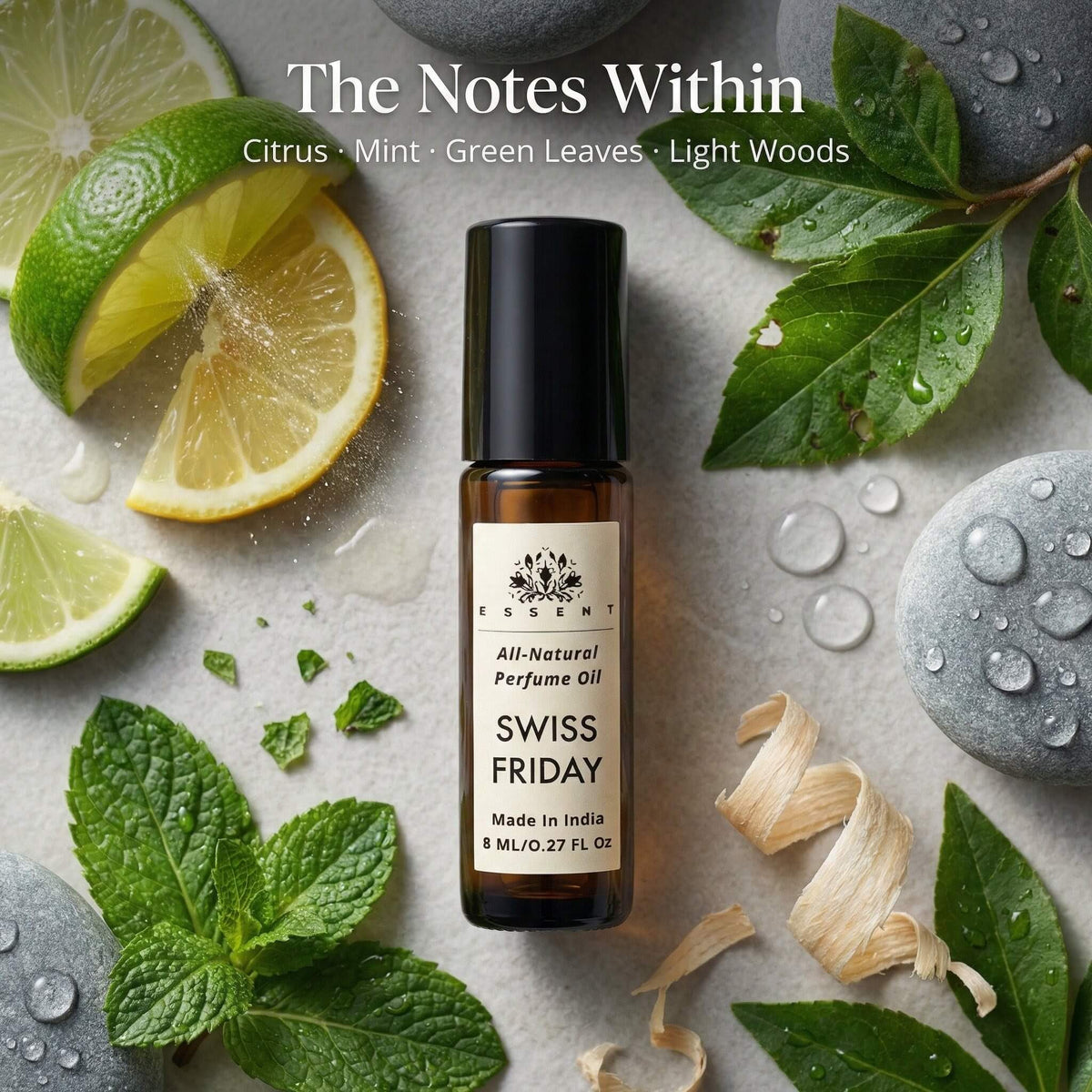 Essent Swiss Friday 8 ml roll-on attar bottle — fresh citrus, view 2