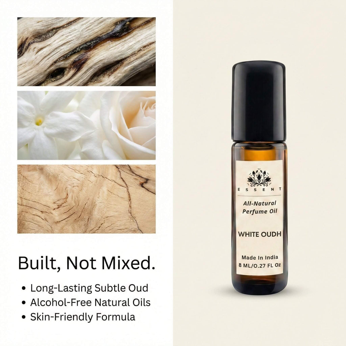Essent White Oudh 8 ml roll-on attar bottle — oud & amber, view 3