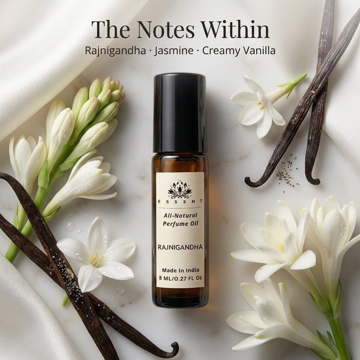 Essent Rajnigandha 8 ml roll-on attar bottle — white floral, view 2