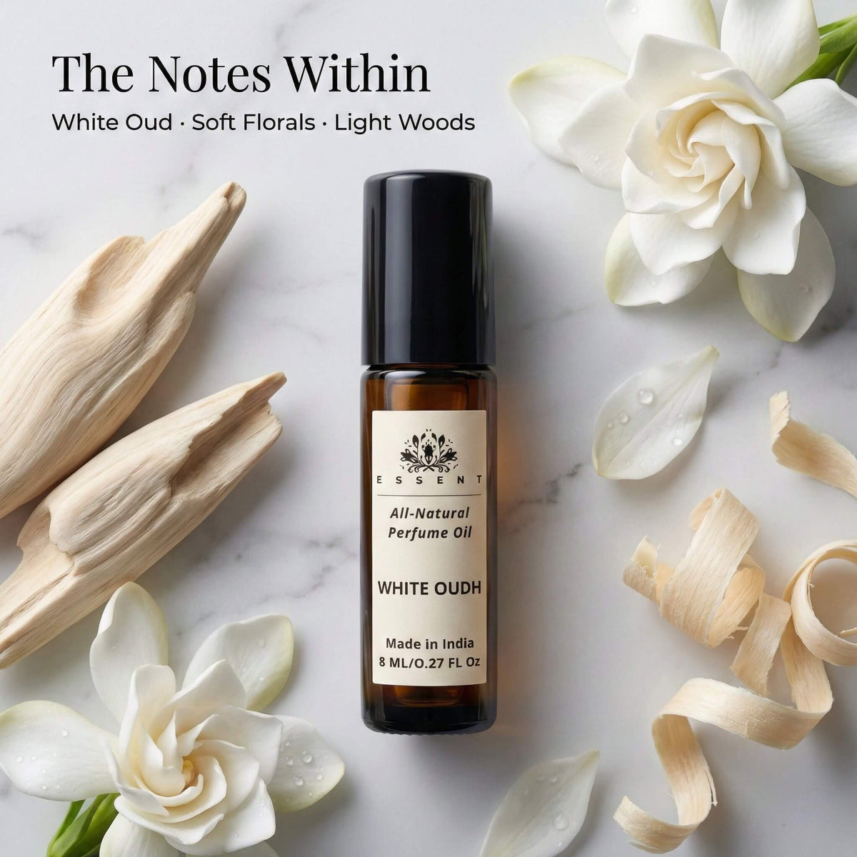 Essent White Oudh 8 ml roll-on attar bottle — oud & amber, view 2