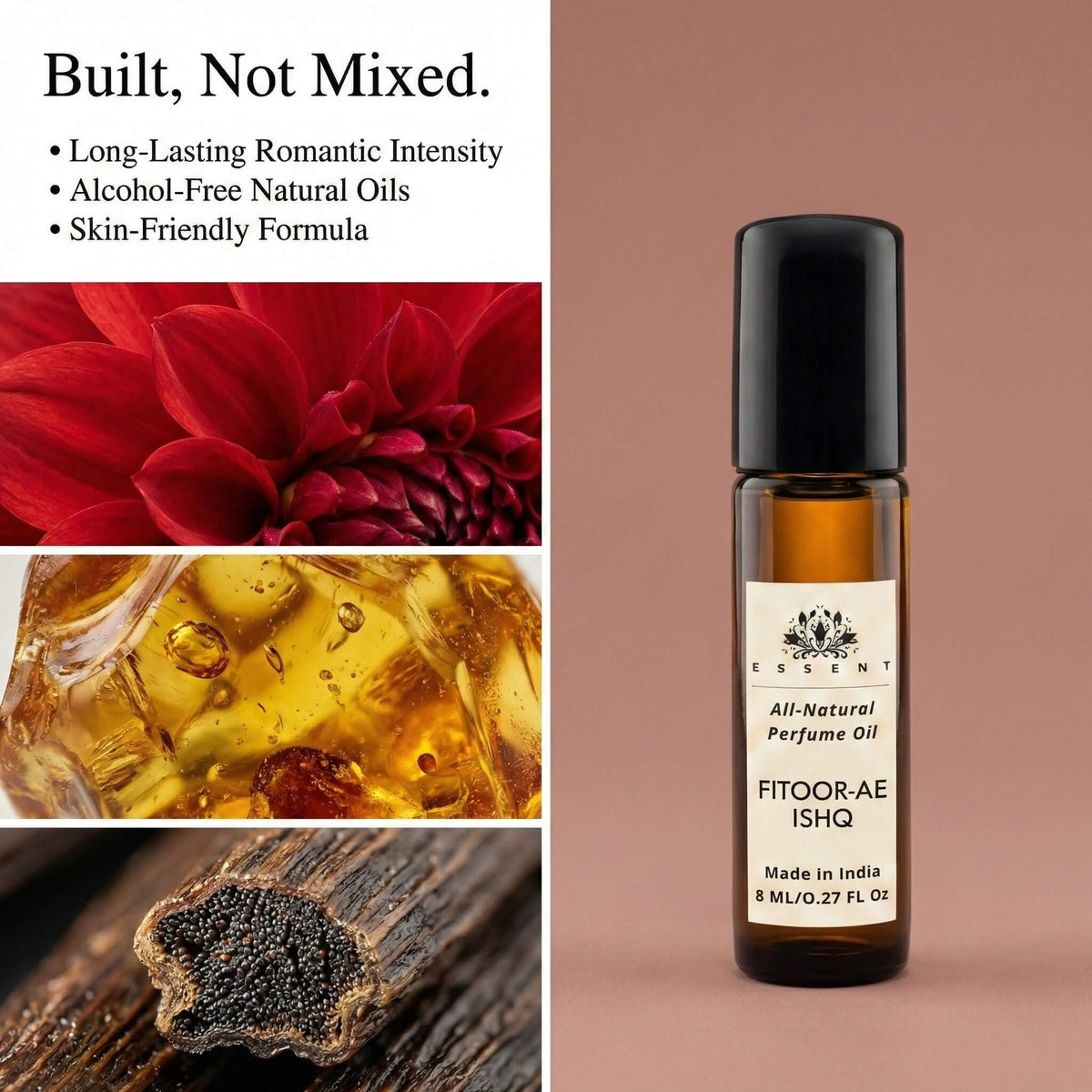 Essent Fitoor-Ae-Ishq 8 ml roll-on attar bottle — amber oriental, view 3