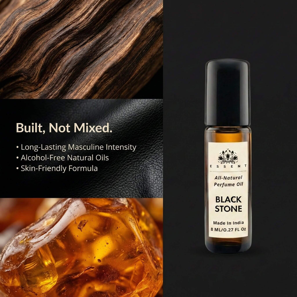Essent Black Stone 8 ml roll-on attar bottle — oud & amber, view 3