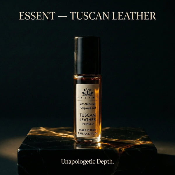 Essent Tuscan Leather 8 ml roll-on attar bottle — spicy oriental