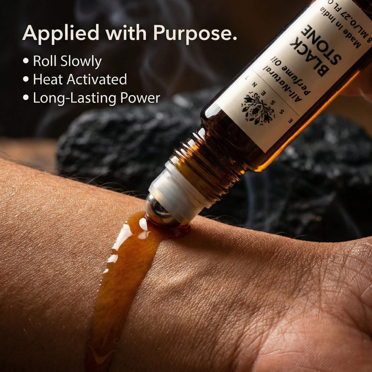 Essent Black Stone 8 ml roll-on attar bottle — oud & amber, view 5