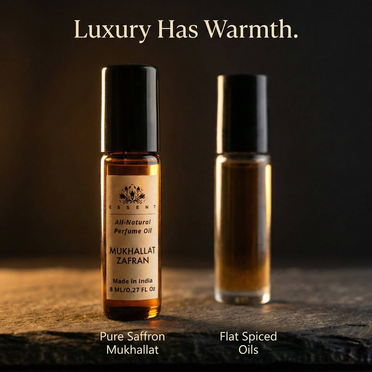 Essent Mukhallat Zafran 8 ml roll-on attar bottle — oud & amber, view 4