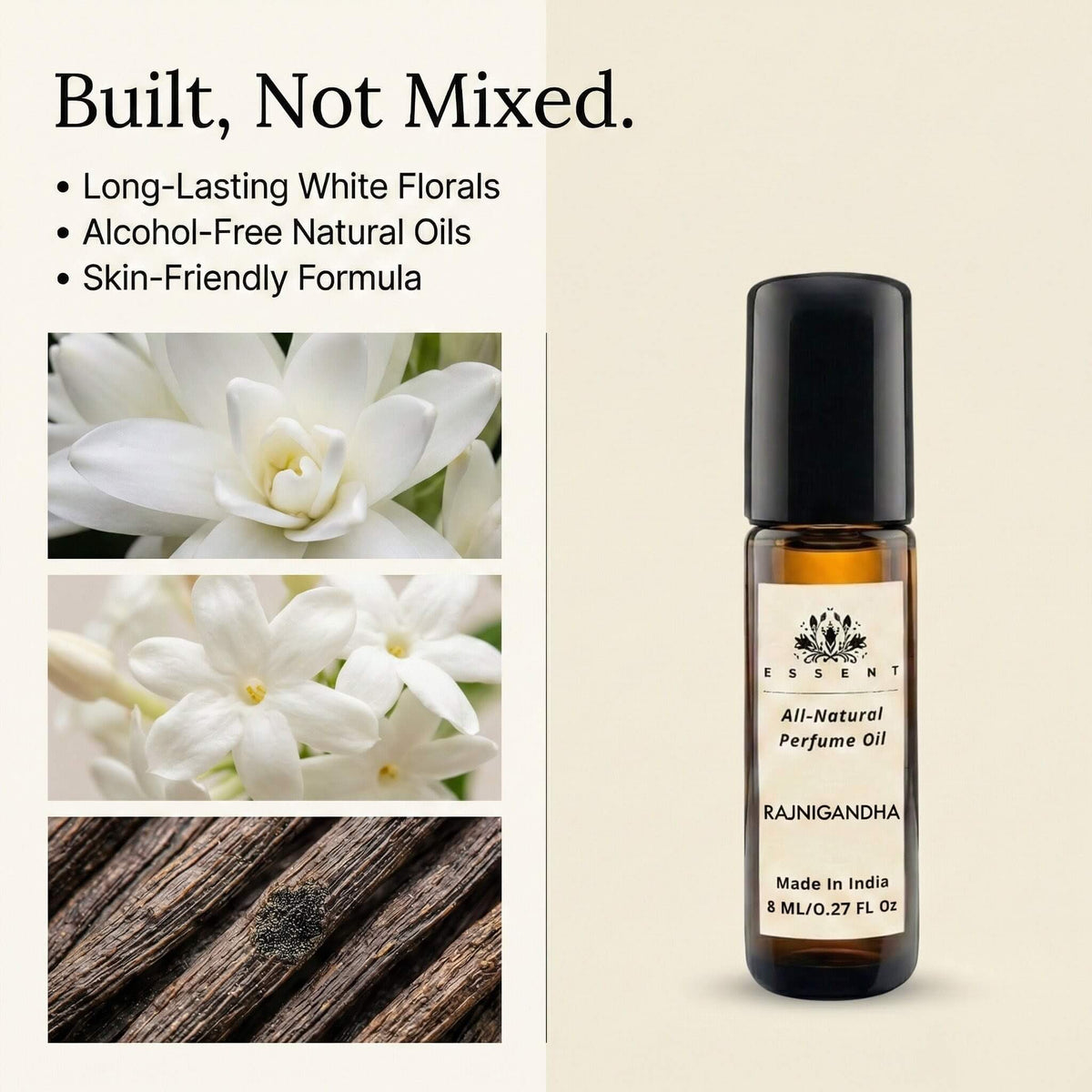 Essent Rajnigandha 8 ml roll-on attar bottle — white floral, view 4