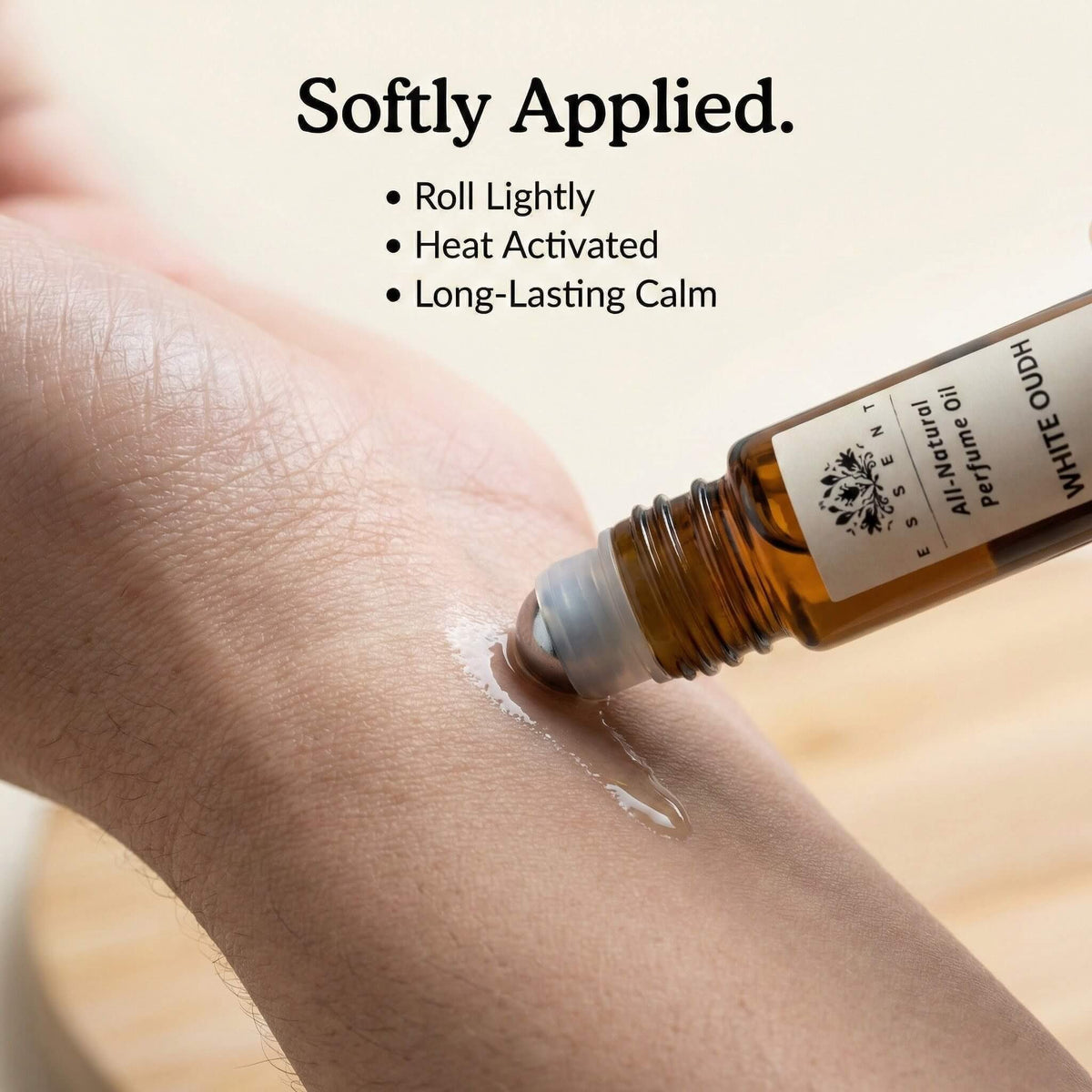 Essent White Oudh 8 ml roll-on attar bottle — oud & amber, view 5