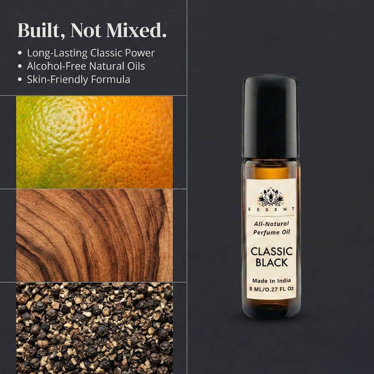 Essent Classic Black 8 ml roll-on attar bottle — woody, view 3