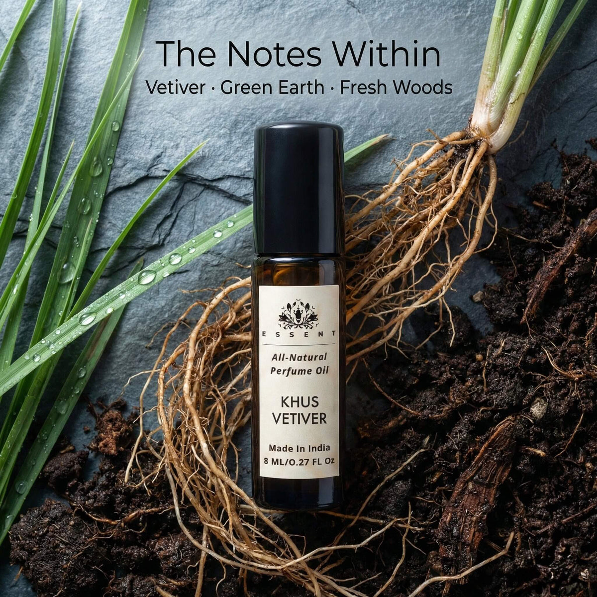 Essent Khus Vetiver 8 ml roll-on attar bottle — earthy green, view 2