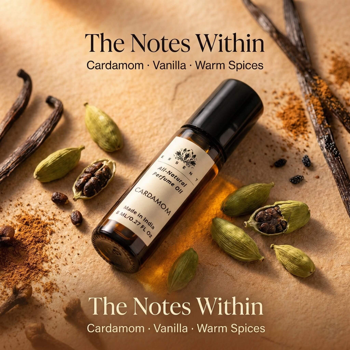Essent Cardamom 8 ml roll-on attar bottle — amber oriental, view 2