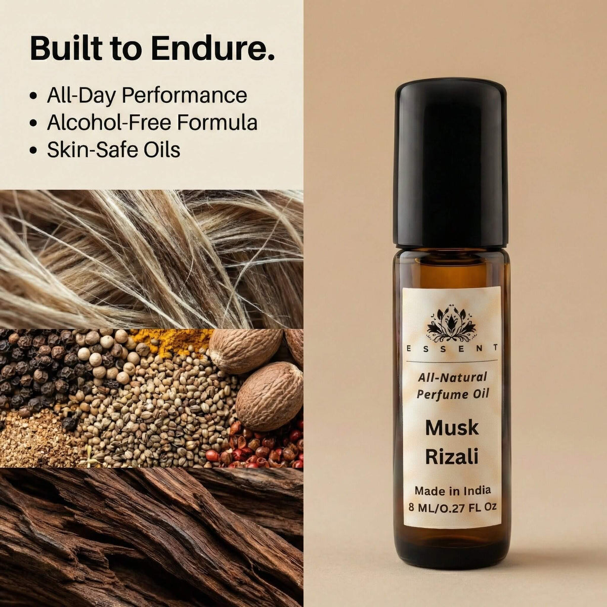 Essent Musk Rizali 8 ml roll-on attar bottle — musk, view 3