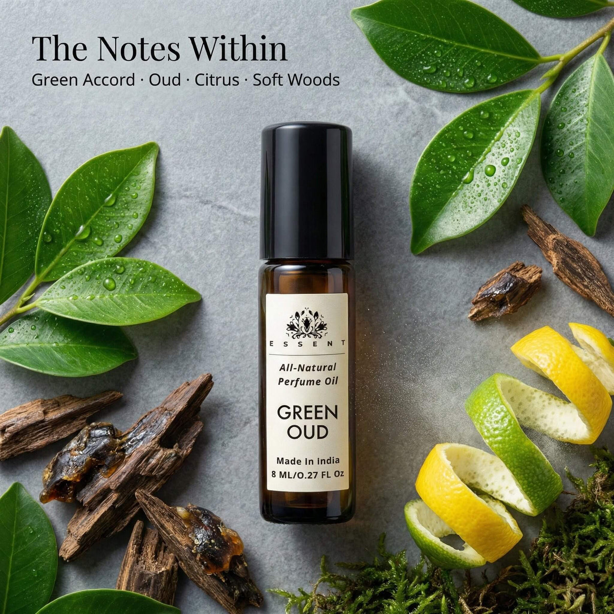 Essent Green Oud 8 ml roll-on attar bottle — oud & amber, view 2