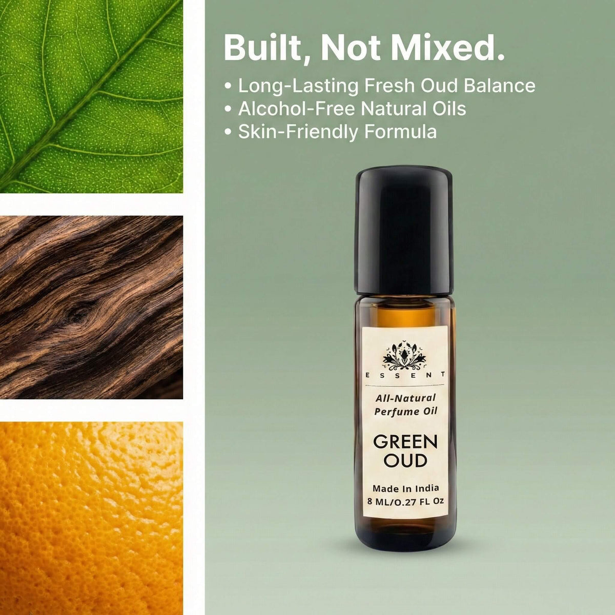 Essent Green Oud 8 ml roll-on attar bottle — oud & amber, view 3