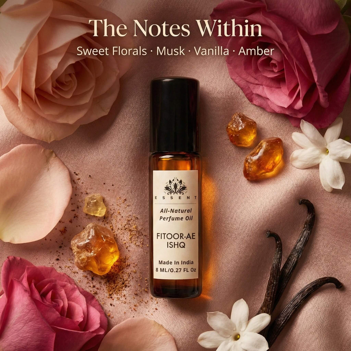 Essent Fitoor-Ae-Ishq 8 ml roll-on attar bottle — amber oriental, view 2