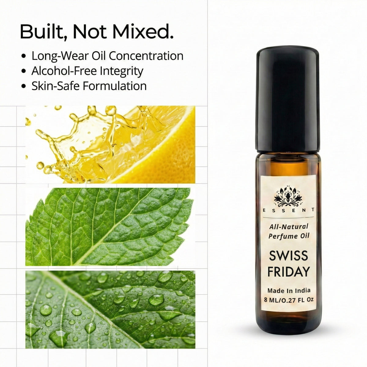 Essent Swiss Friday 8 ml roll-on attar bottle — fresh citrus, view 3