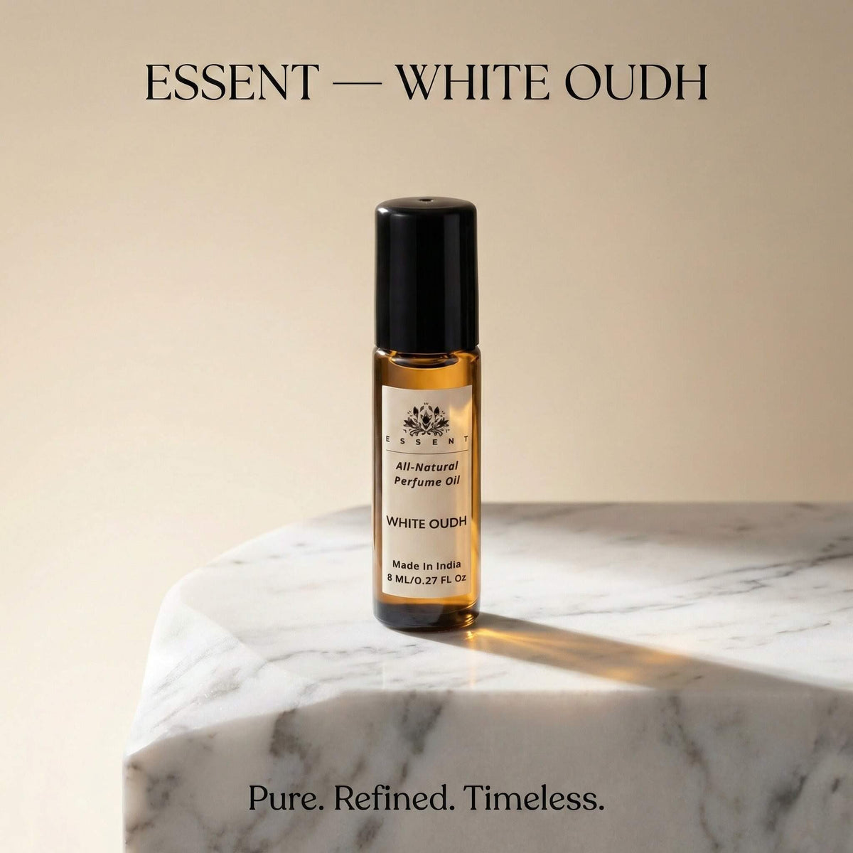 Essent White Oudh 8 ml roll-on attar bottle — oud & amber