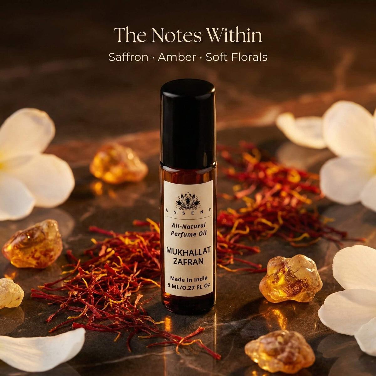 Essent Mukhallat Zafran 8 ml roll-on attar bottle — oud & amber, view 2
