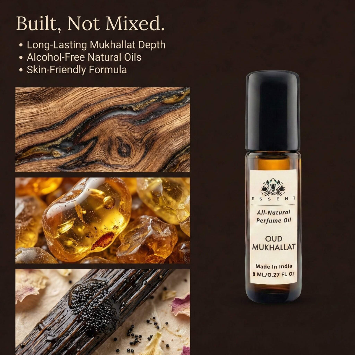 Essent Oud Mukhallat 8 ml roll-on attar bottle — oud & amber, view 3