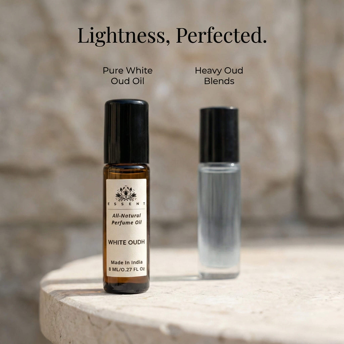 Essent White Oudh 8 ml roll-on attar bottle — oud & amber, view 4