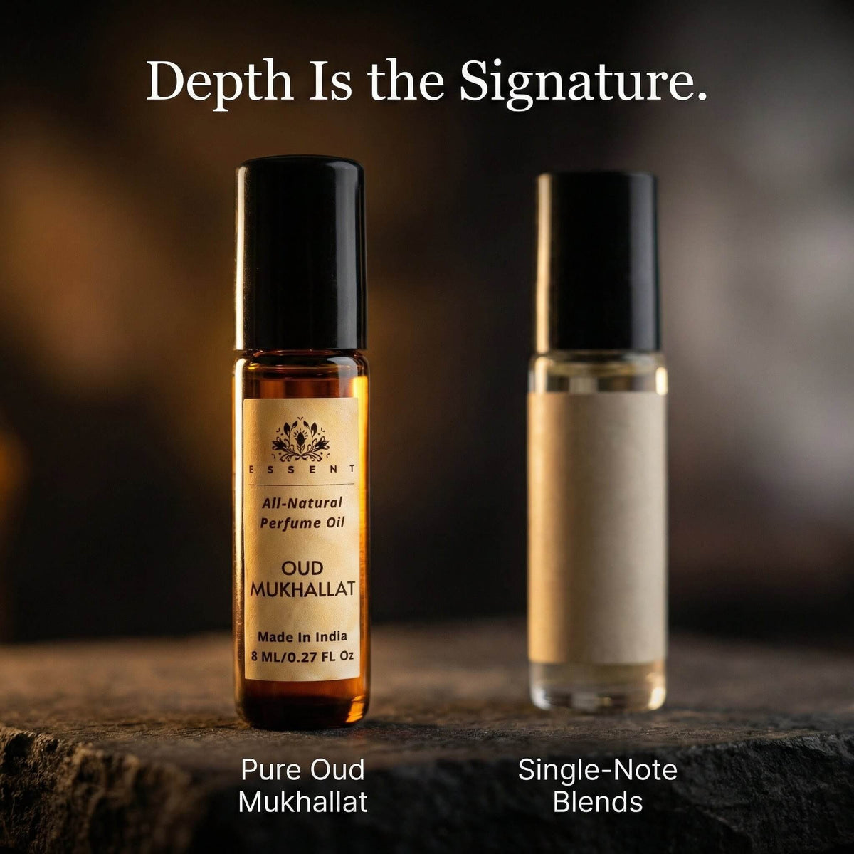 Essent Oud Mukhallat 8 ml roll-on attar bottle — oud & amber, view 4