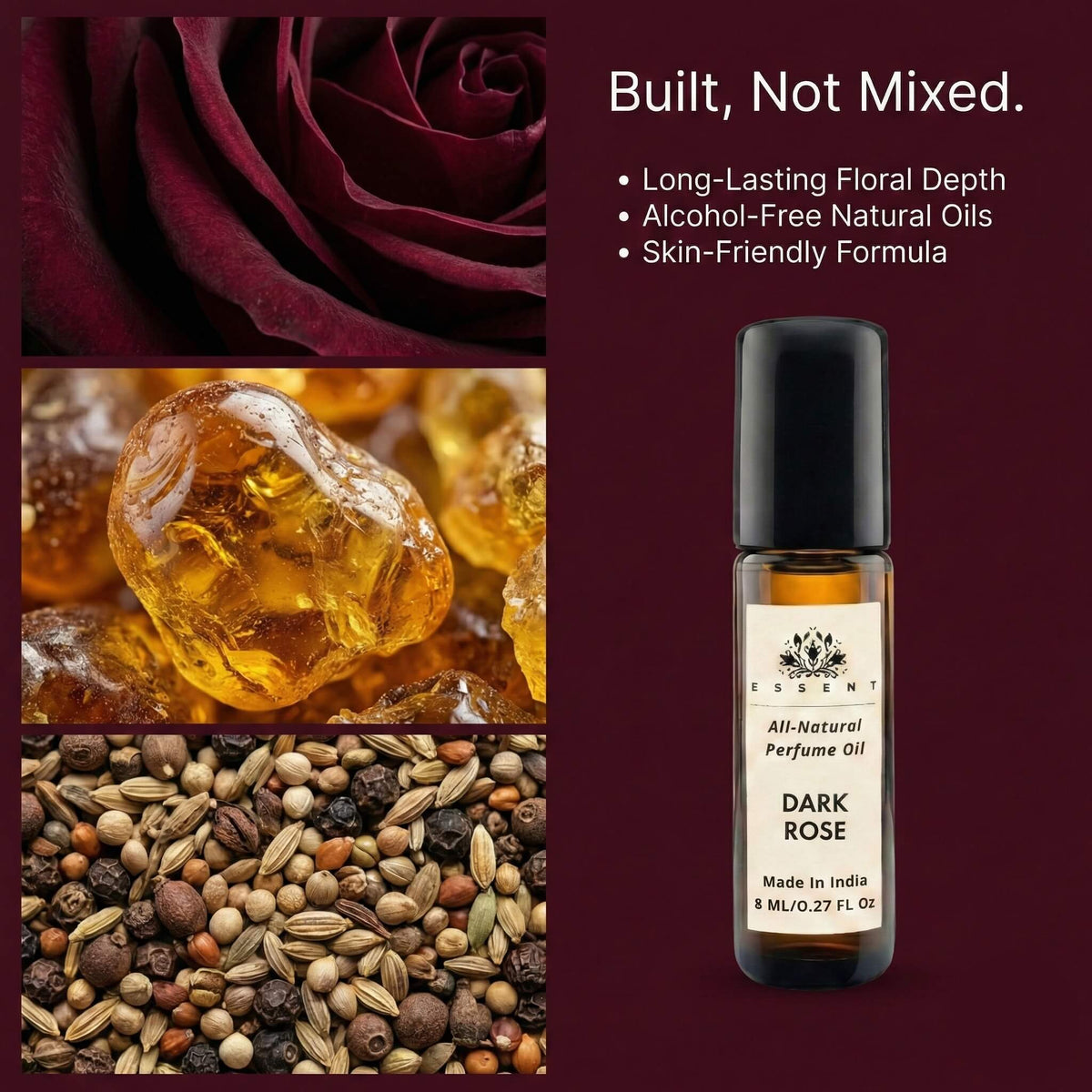 Essent Dark Rose 8 ml roll-on attar bottle — rose oriental, view 3