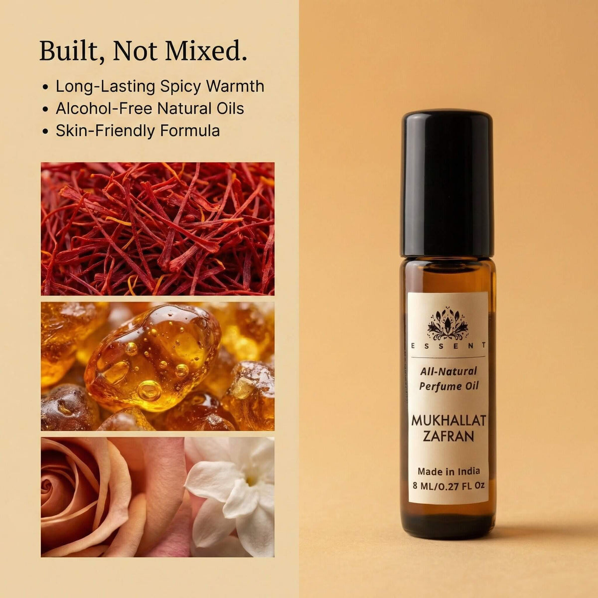 Essent Mukhallat Zafran 8 ml roll-on attar bottle — oud & amber, view 3