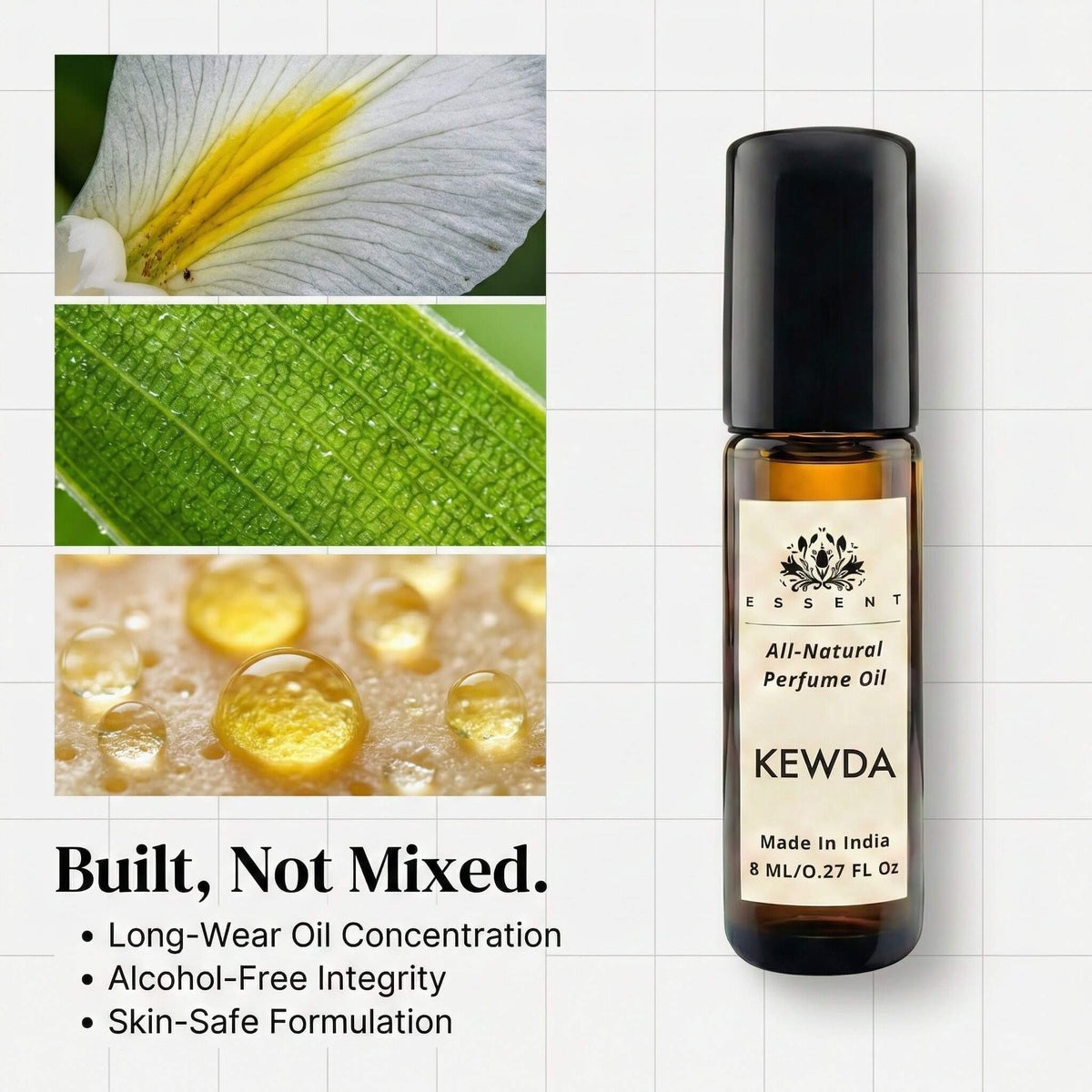 Essent Kewda 8 ml roll-on attar bottle — white floral, view 3