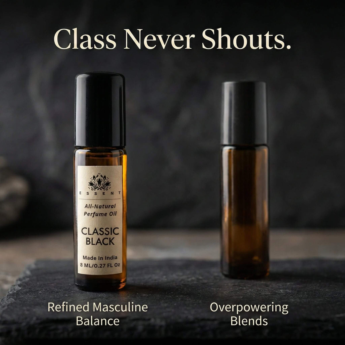 Essent Classic Black 8 ml roll-on attar bottle — woody, view 4