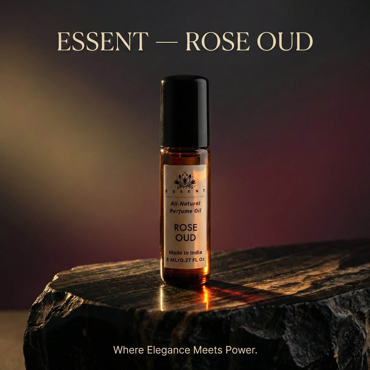 Essent Rose Oud 8 ml roll-on attar bottle — rose oriental