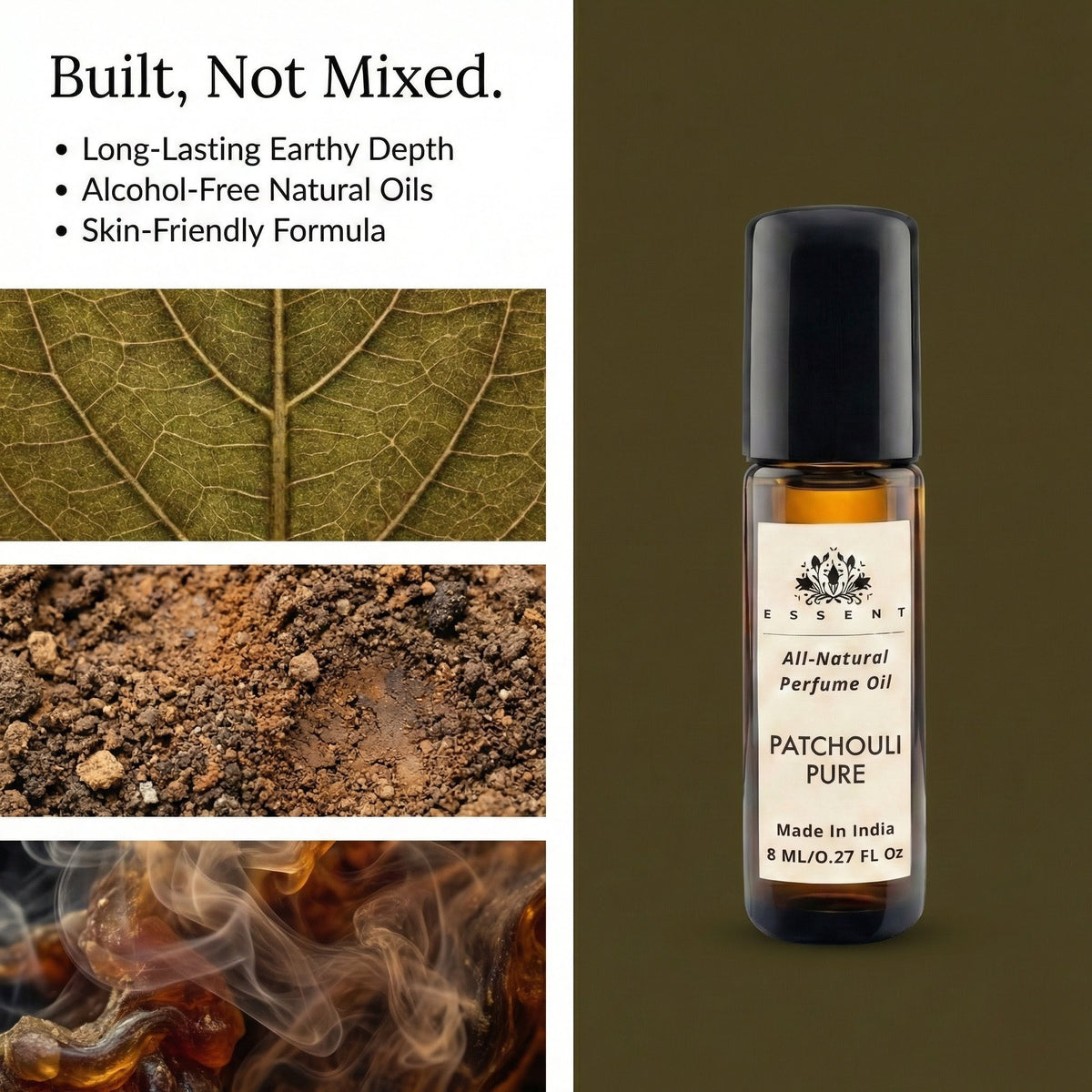 Essent Patchouli Pure 8 ml roll-on attar bottle — woody, view 3